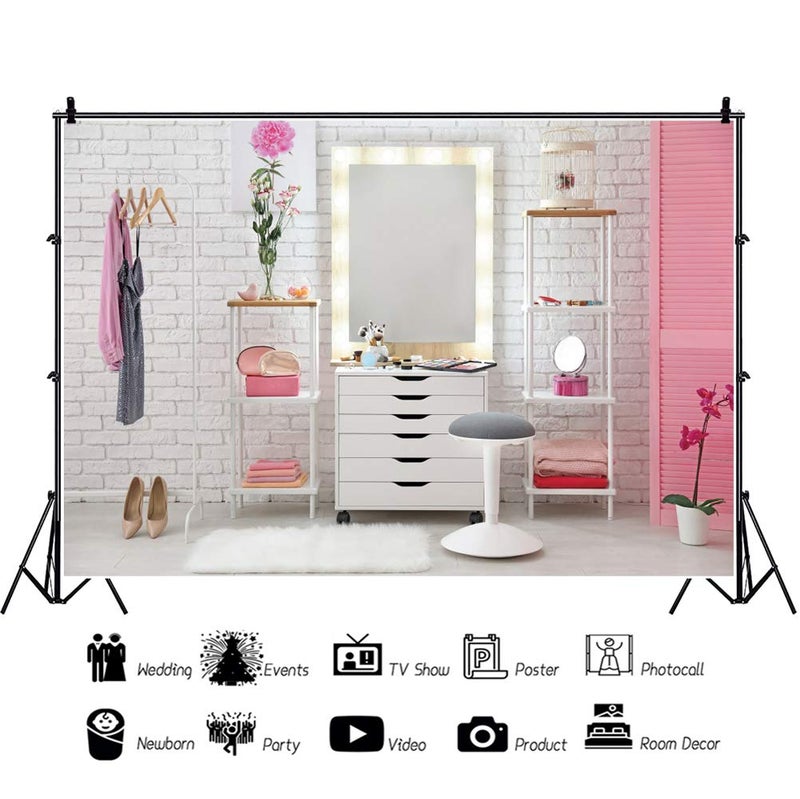 AOFOTO 7x5ft Pink Makeup Room Interior Background for Photography Modern Professional Room Salon White Wall Make-up Mirror Cosmetics and Tools on Dressing Table Backdrop Photo Studio Props Vinyl - Image 3